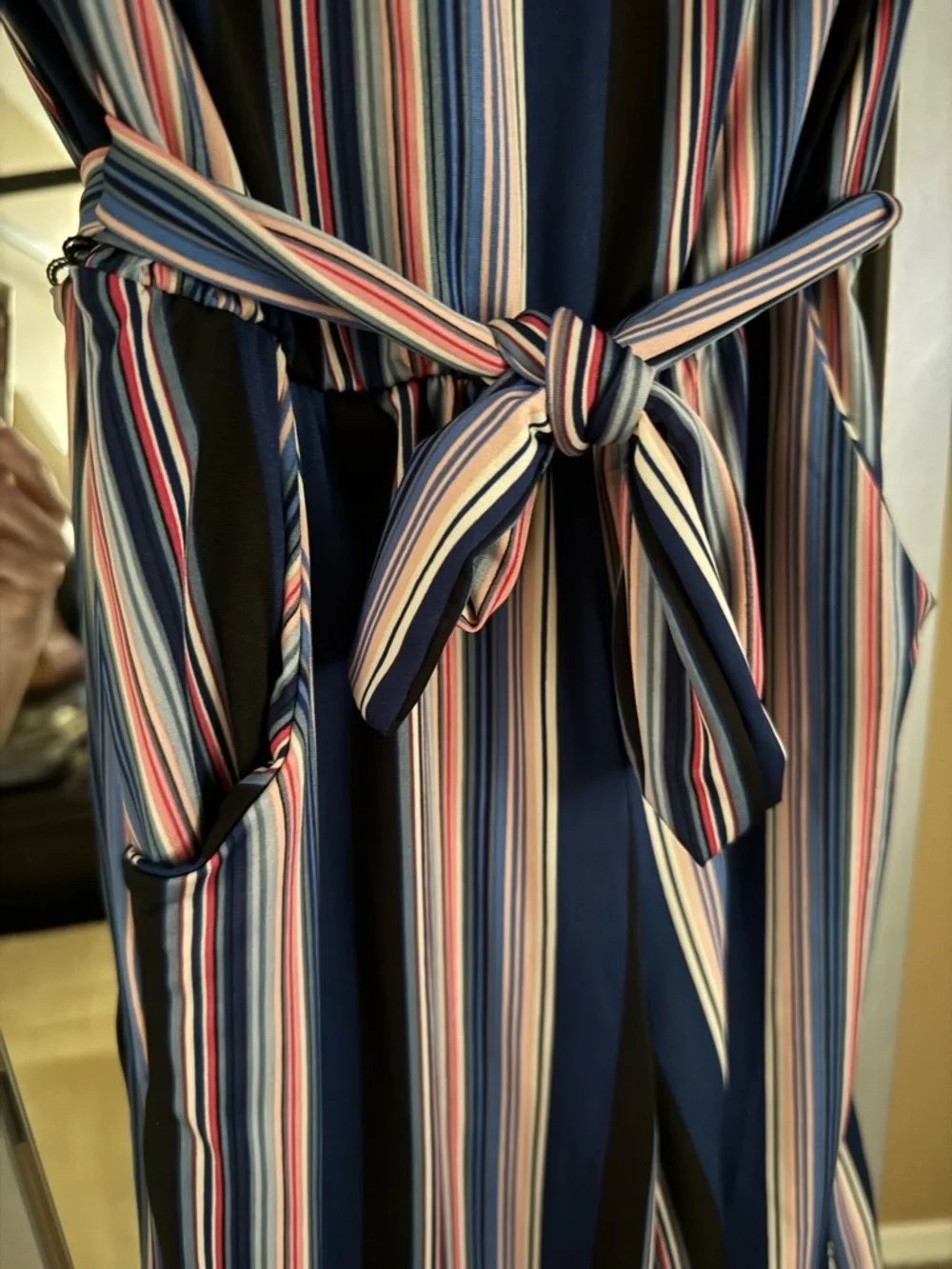 Striped Boho Navy & Multi Colored Strapless Jumpsuit Romper-Pockets & Tie Waist
